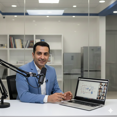 یک مدرس ایرانی در استودیوی آموزشی رهجو در حال برگزاری لایو آنلاین برای تکنسین‌های فنی است؛ لپ‌تاپ، میکروفون و دوربین حرفه‌ای روی میز قرار دارد و فضای آموزش رسمی و صنعتی را نشان می‌دهد.