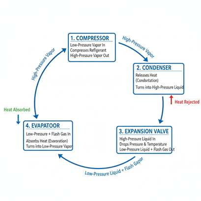 نمودار مسیر حرکت مبرد در چرخه تبرید، از کمپرسور شروع شده و به کندانسور، شیر انبساط و اواپراتور منتقل می‌شود و در نهایت به کمپرسور باز می‌گردد.