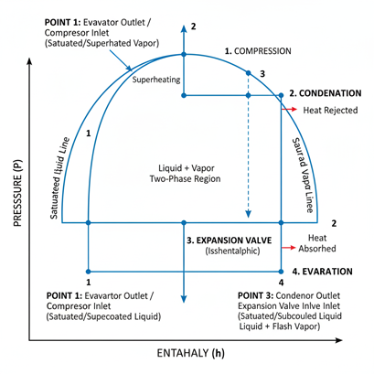نمودار فشار-انتیالپی در چرخه تبرید که شامل مراحل سوپرگرمایش، تقلیب، انبساط و تبخیر است. نقاط مختلف چرخه با دقت برچسب‌گذاری شده‌اند.
