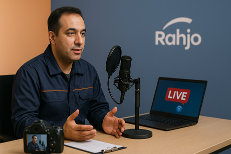 مدرس ایرانی در استودیوی آموزشی رهجو در حال اجرای لایو آنلاین برای تکنسین‌های فنی است؛ لپ‌تاپ، میکروفون و دوربین حرفه‌ای روی میز قرار دارد و فضای آموزش رسمی و صنعتی را نشان می‌دهد.