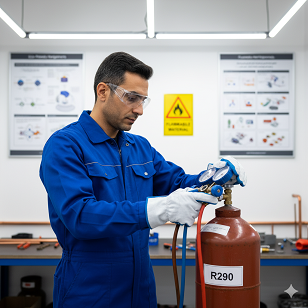 تکنسین ایرانی در کارگاه آموزشی در حال بررسی سیلندر سبز رنگ گاز R290 است؛ تابلوهای هشدار اشتعال‌پذیری و پوسترهای مربوط به مبردهای دوست‌دار محیط زیست روی دیوار دیده می‌شوند و ابزار فشارسنج روی میز قرار دارد.