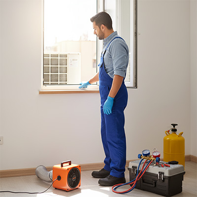 تعمیرکار ایرانی قبل از شروع کار با کولر گازی در حال باز کردن پنجره و آماده‌سازی ابزارها است؛ روی میز مانيفولد گيج، فن تهویه و تجهیزات ایمنی دیده می‌شود و محیط کار روشن و منظم است.