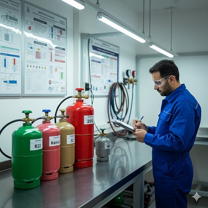تکنسین ایرانی در محیط آموزشی تبرید در حال مقایسه و یادداشت‌برداری درباره انواع سیلندرهای مبرد با برچسب‌های R22، R410A، R32، R290 و R600a است؛ روی دیوار نمودار اشتعال‌پذیری و سمیت نصب شده است.