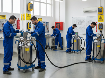 کارگاه آموزشی سیستم‌های تبرید با تجهیزات ضدانفجار و ابزار EX نشان داده شده است؛ تکنسین‌ها در محیطی ایمن و منظم در حال تمرین کار با مبردهای اشتعال‌زا هستند و دتکتور گاز، کپسول آتش‌نشانی و تابلو هشدار در اطراف دیده می‌شود.